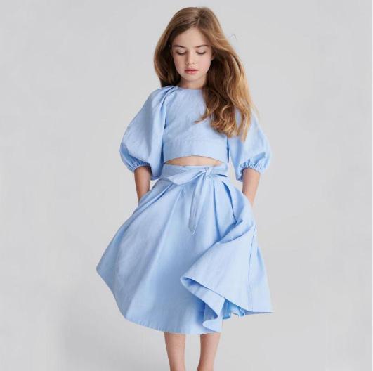 2023 Kids Girls Fashion Cotton Puffed Sleeves Blouse And Skirt Set For Girls