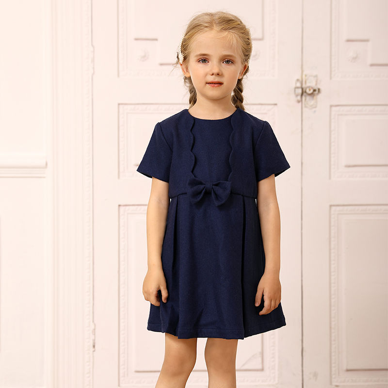 Private Label Solid Navy Woolen Girls Dress For Winter
