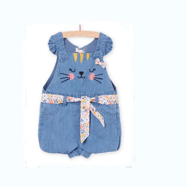 Custom Embroidery Cat Pattern Infant Baby Soft Woven Cotton Rompers