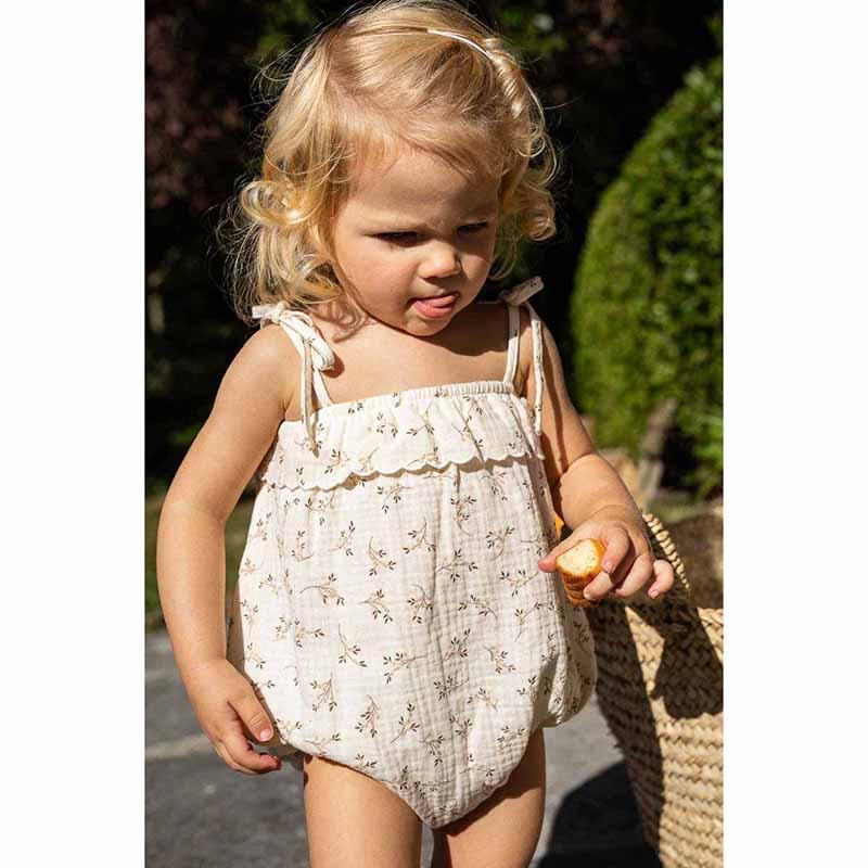 Baby Clothing Manufacturer Girls Cotton Rompers Beige Color With Floral