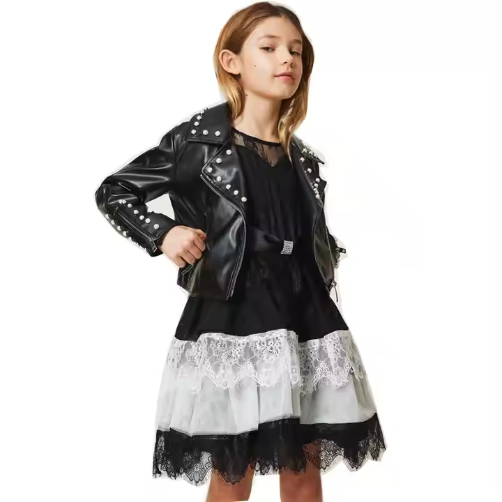 Girls' Bomber Jacket for Children 6-12 Breathable Short Leather Jacket With Zipper and Button Closure