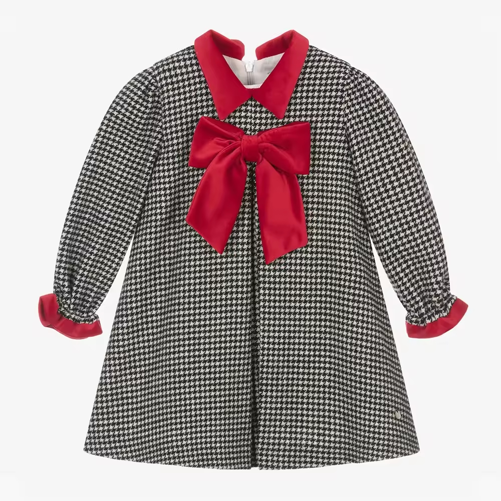 Custom High Quality Cute Preppy Style White Plaid Children Girl Winter Dress With Factory Price Daily Wear Kids Clothes