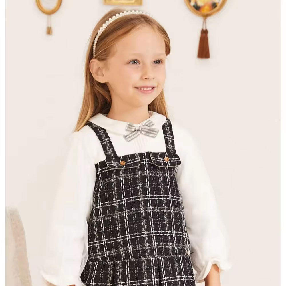 High Quality Kids Clothes Custom Black White Checked Winter Dress for Girls O-Neck Collar Crocheted Technics Direct Factory