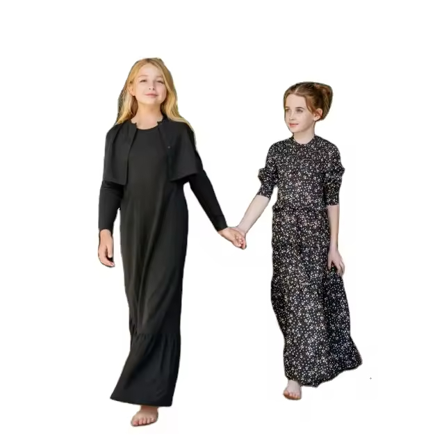 Custom Design Floral Print or Solid Color Robes for Girls Long Sleeve Autumn Mock Neck Kids Maxi Dress Girl Long Dress