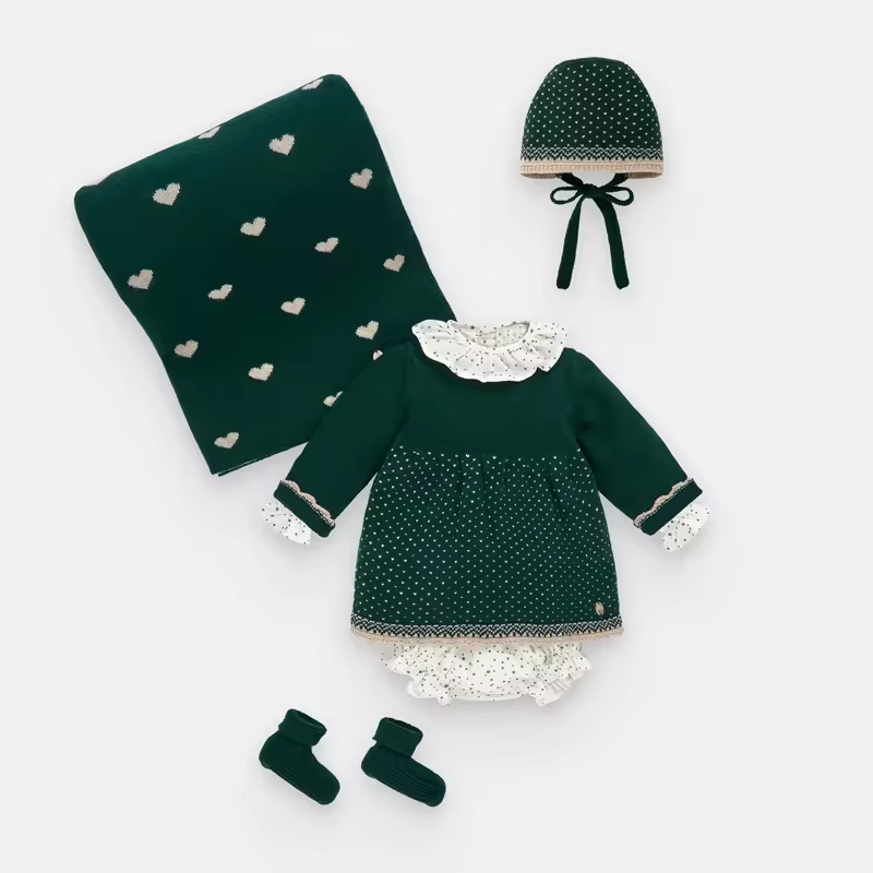 Newest Fashion Knit Wear Design Premium Cotton Jacquard Heart Forest Knit Baby Girl Dress