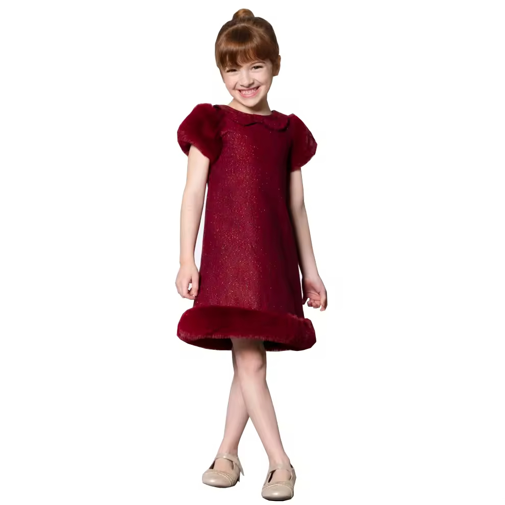 Guangzhou Custom Girl Party Dress Elegant Red Dress for 10-Year-Old Little Princess Woven Solid Pattern with Faux Fur