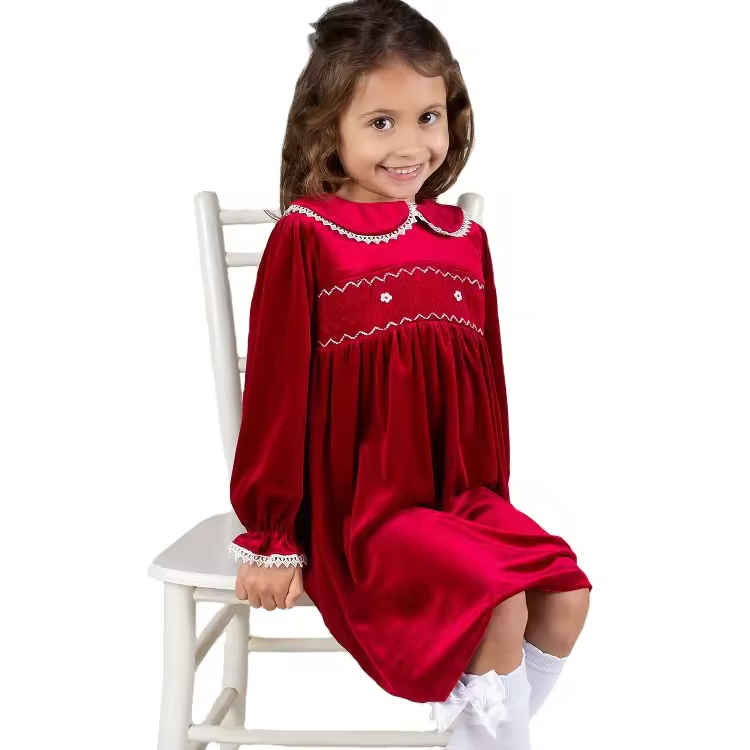 New bestseller Red Color Velvet Beautiful Evening Dresses Knee Length Lace Christmas Dress for Girl 2-10 Year New Bestseller