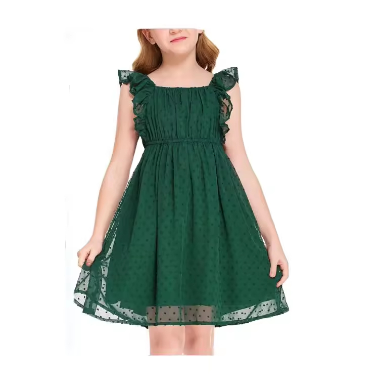 Hot Sell Kids Clothes Sleeveless Green Ruffle Summer Dresses for Girls