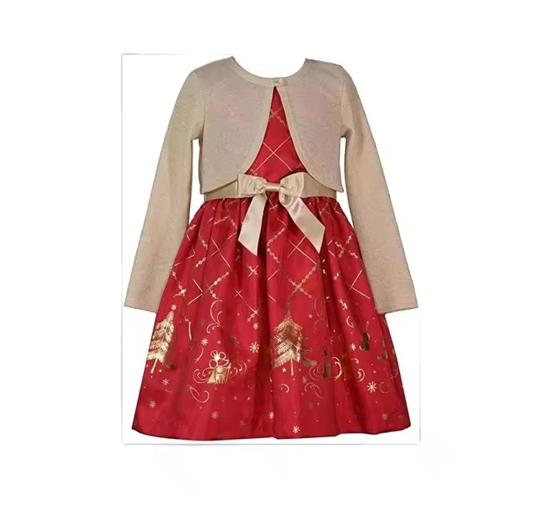 Hot Sell Kids Clothes Long Sleeves Baby Girls Dresses Kids for Golden and Red Color Christmas Printing