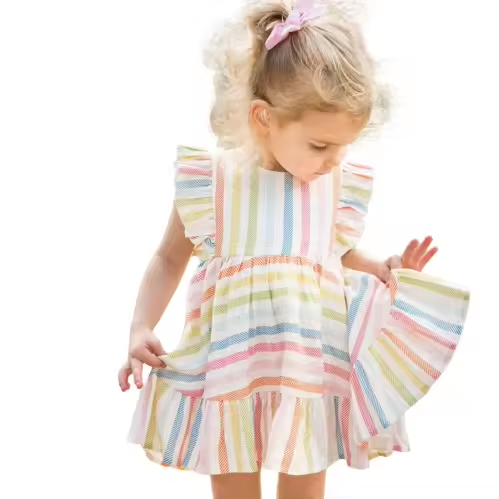 Custom Sugar Stripe Girls Linen Dress With Ruffle Summer New Style Cotton Linen Dresses With Wooden Button at Back