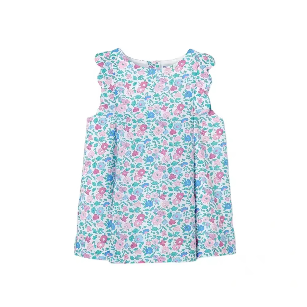 OEM & ODM Custom Floral Print Sleeveless Dress for Kids Toddler Baby Girls Woven Fabric with Button Decoration for Children