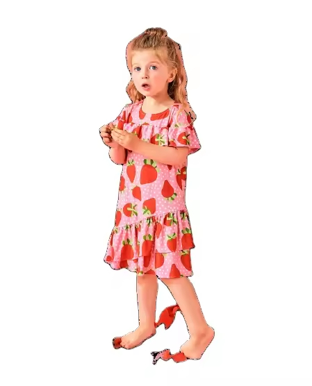 Customized European Style Girls' Dress with Strawberry Print Round Collar Chiffon Fabric ODM Supply for Children