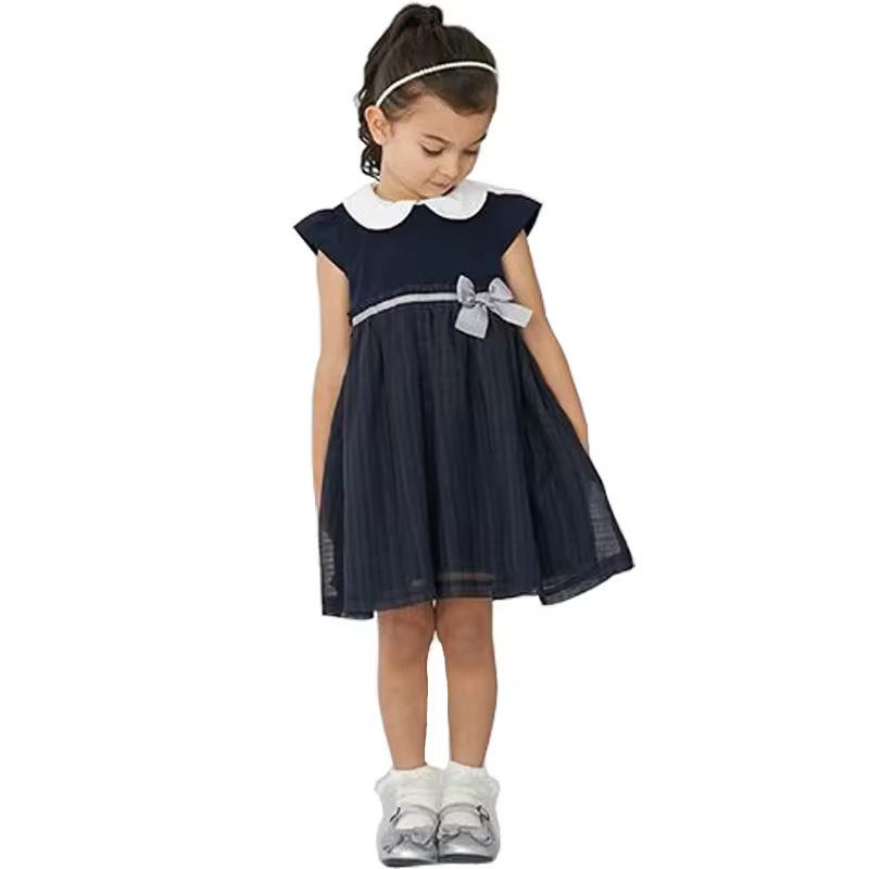 Summer Casual Girl Dress for Baby Girls Soft Cotton Woven with Short Sleeve and Custom Print Logo Decorated with Flowers