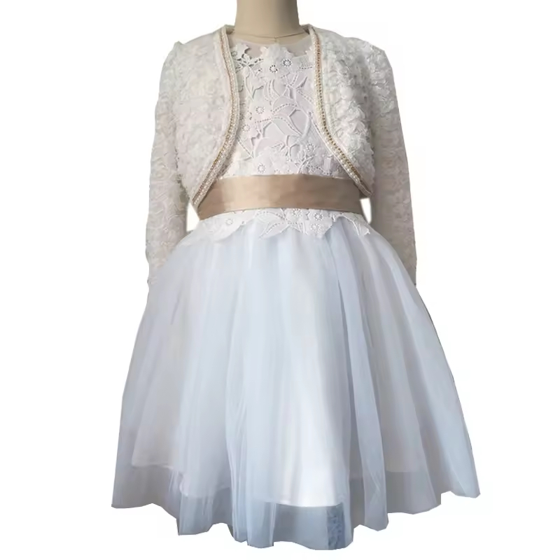 Fashion Elegant Flowers Patch Work Children Party Dress Clothes Baby Toddler Gown Birthday Wedding Flower Girls Dress With Belt