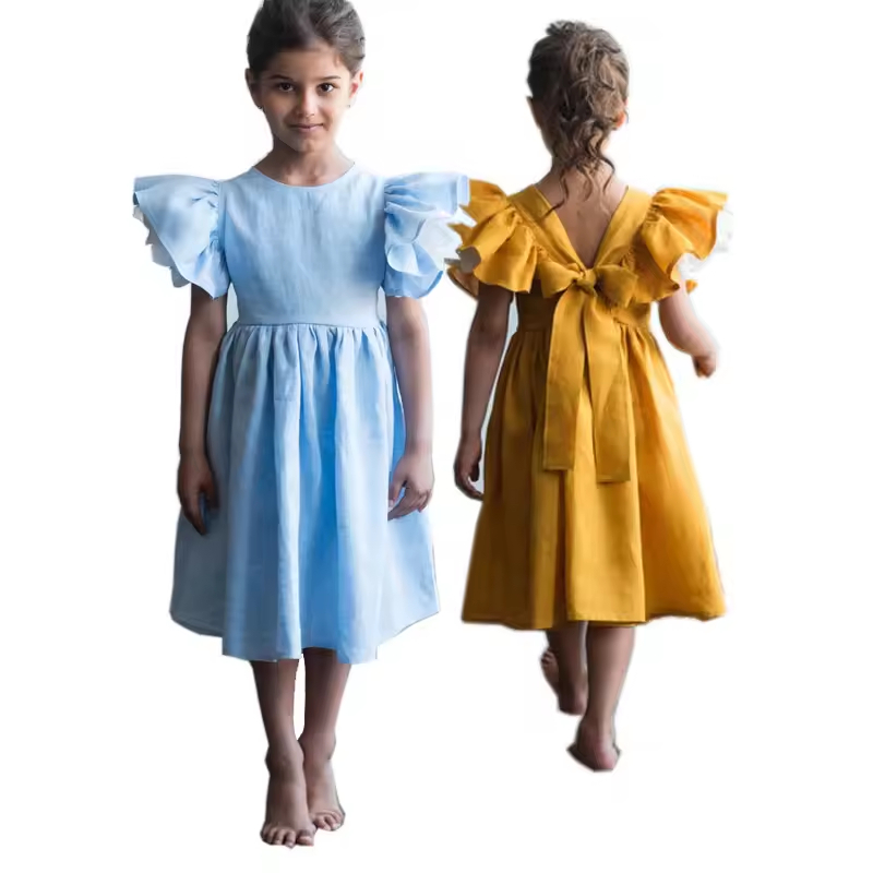 Mustard Linen Dress for Girl With Flutter Sleeve, Girls Linen Pinafore Dress, Toddler Cotton Linen Dresses