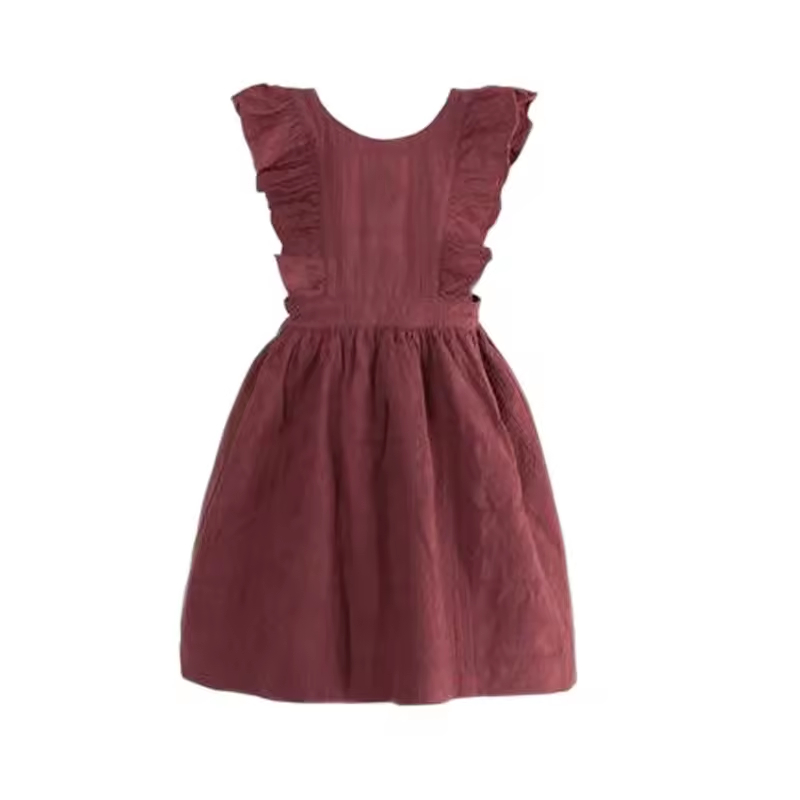 Maroon Embroidery Logo Customization Kids Girls 6-12 Years Old Corduroy Pinafore Dress Ruffle Straps Autumn Woven Print Pattern