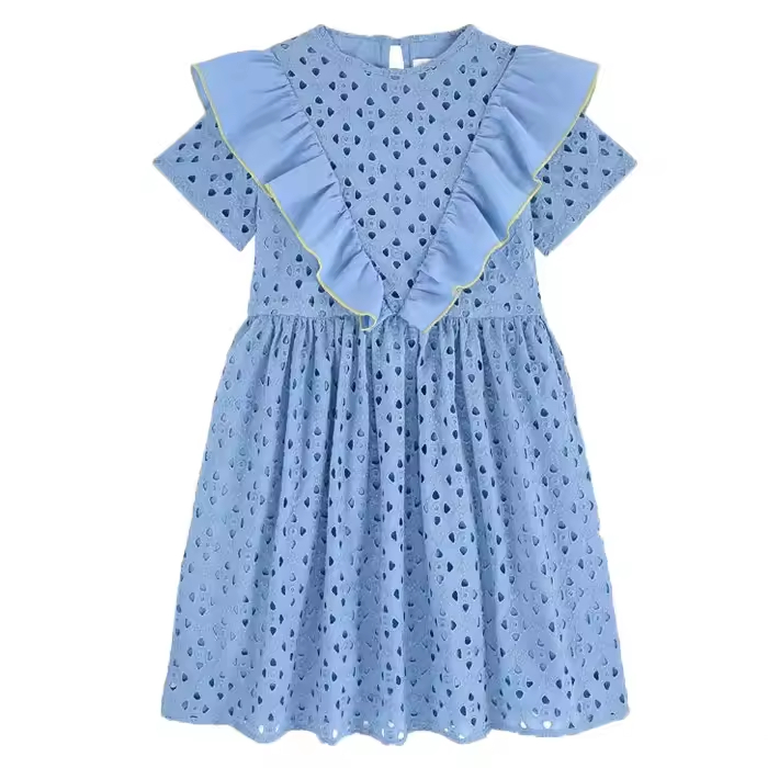 OEM&ODM New Arrival Fashion Design Jacquard Fabric Cotton Light Blue Ruffles Girl Dress Kid Frock for Girls