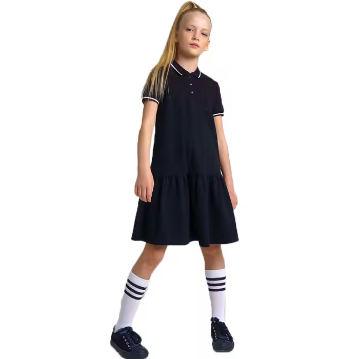 OEM/ODM Customized Wholesale Girls' School Uniform Dress Cute Solid Polo Neck Short Sleeve for Children