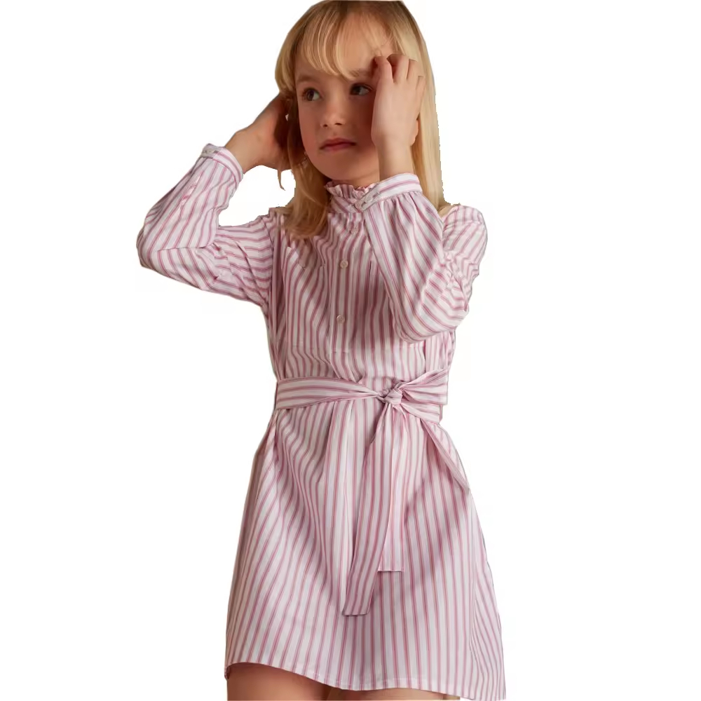 Customization Summer Style Cotton Shirt Dress for Kids Girls with O-Neck and Striped Pattern Long Sleeves and Belt