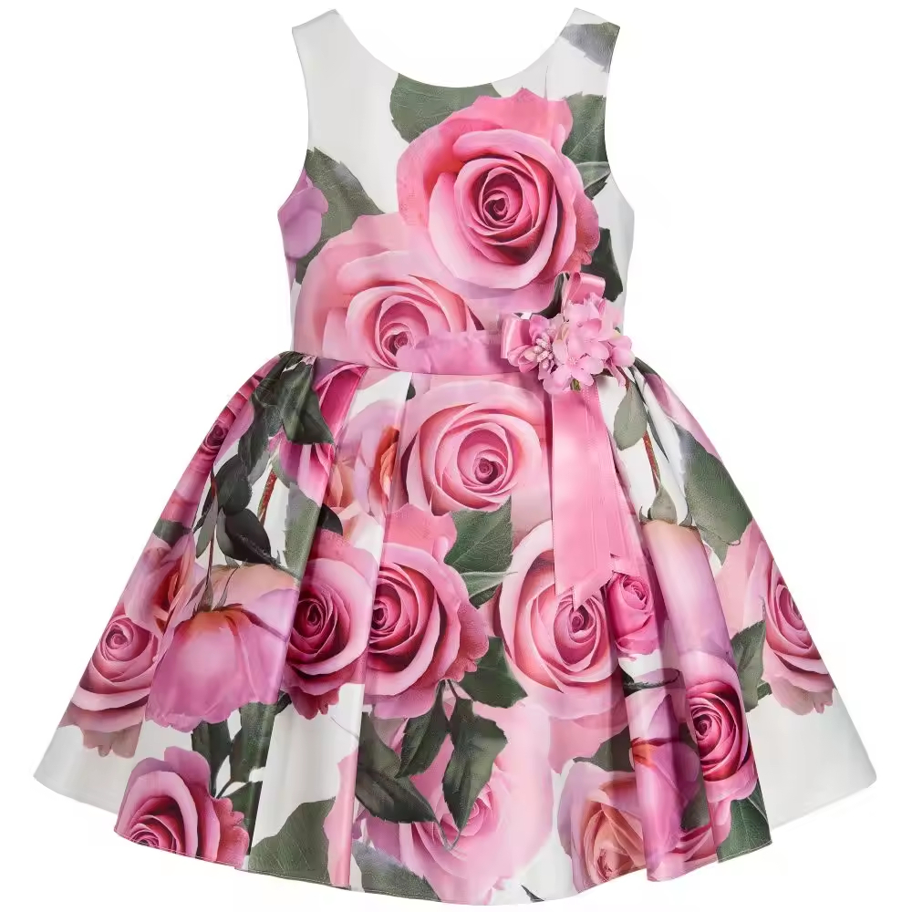 Boutique Style Floral Print Toddler Girls Dresses 6 to 10 Years Sleeveless Child Summer Dress With Bow Belt at Back