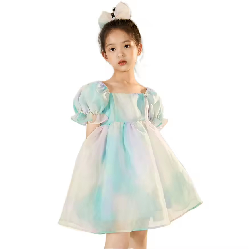 Fashion Children Dress Tie Dye Cotton Short Puff Sleeves Girls Dresses Guangzhou Factory
