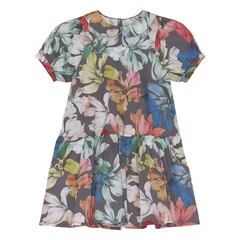 Customized Floral Printing Kids Clothes 2025 Summer Girls Dress Kids Short Sleeve Baby Girl Dress Summer With Peter Pan Collar