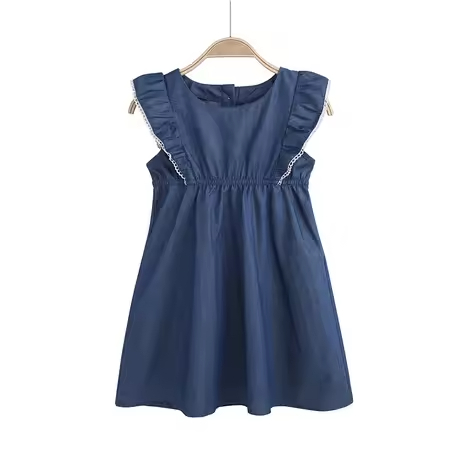 Children's Summer Dress Girl's Dress European and American Children's Dress Pure Color Denim Skirt Round Collar Lotus Leaf Edge