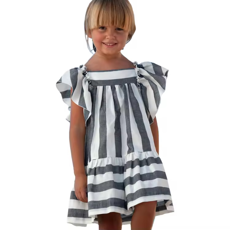OEM ODM High Quality Short Sleeve Fashion Girls' Clothing Stripe Cute Ruffles Knee Length Soft Baby Summer Dresses for Girls