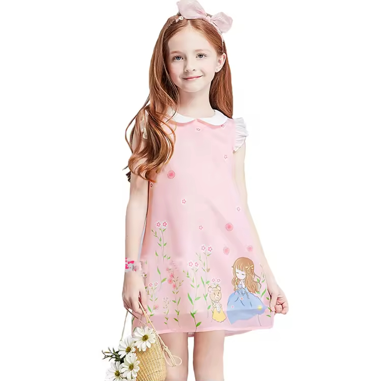 Latest High End Design Cute Baby Girls Summer Ruffles Dresses Knee Length pink Color Printing Sweet Flower Girl Dress
