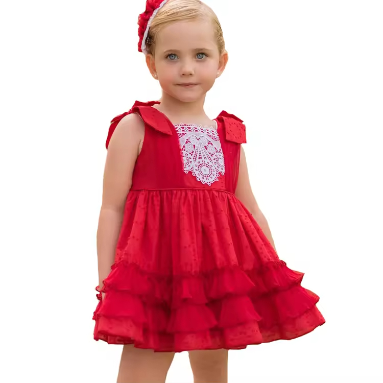 Customized High End Design Red Color Fashion Girls Dresses Knee Length Beautiful Party Sleeveless Girl Child Dress With Bowknot