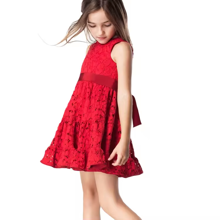 New Fashion Baby Girl Clothes Dress Sleeveless Red Color Elegant Kids Dresses for Girls