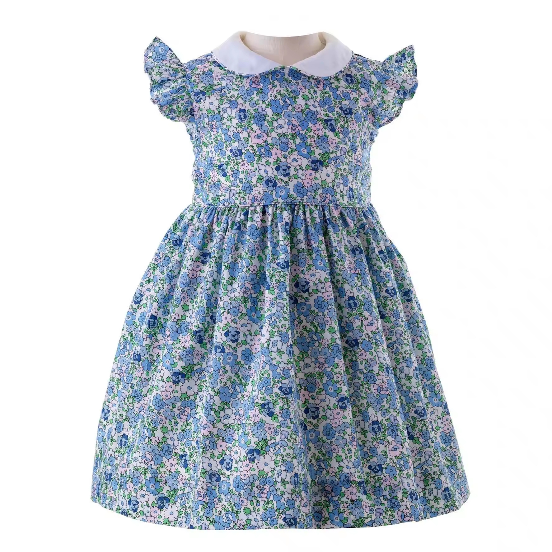 Guangzhou New Designs Blue Floral Cotton Baby Girl Birthday Dresses Summer Fly Sleeve Peter Pan Collar Dress for Girl 2-10 Year