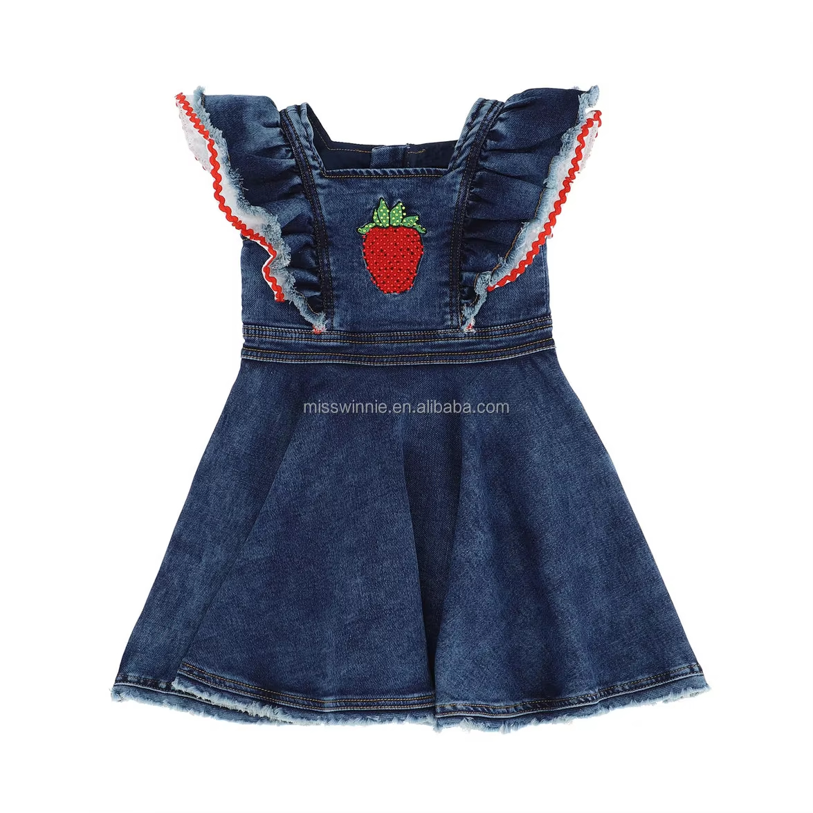 Boutique European Style Solid Pattern Denim Dress for Baby Girls Summer Washing Clothing with Embroidery Patch
