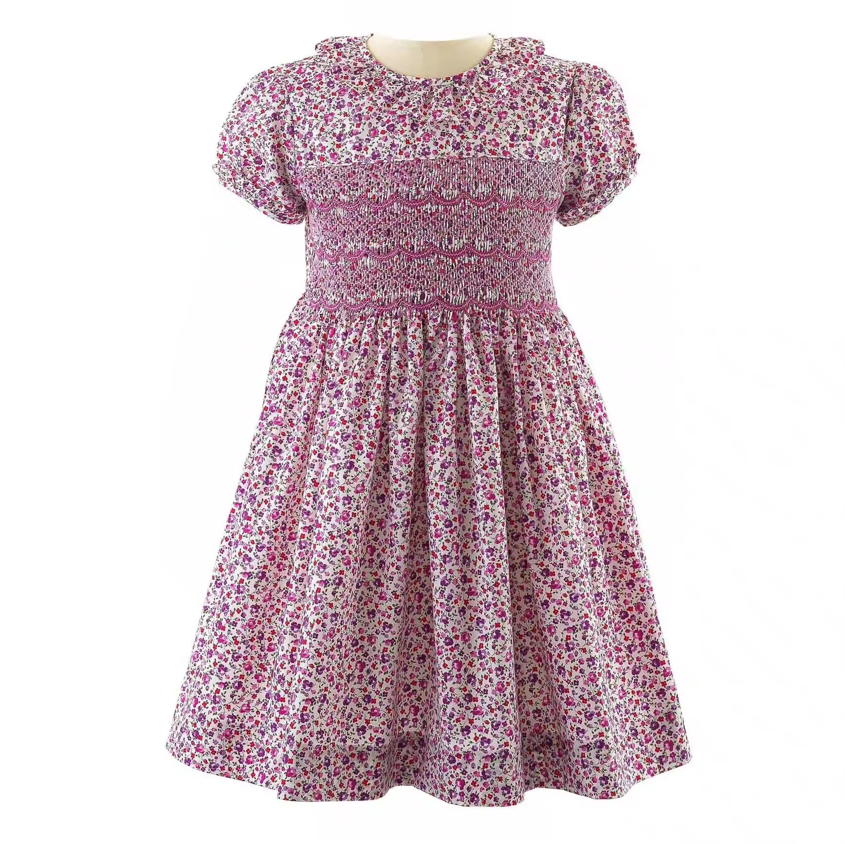 Boutique Brand Floral Print Cotton Girl Special Smocked Embroidered Dress Summer Short Sleeve Kids Beautiful Model Dress