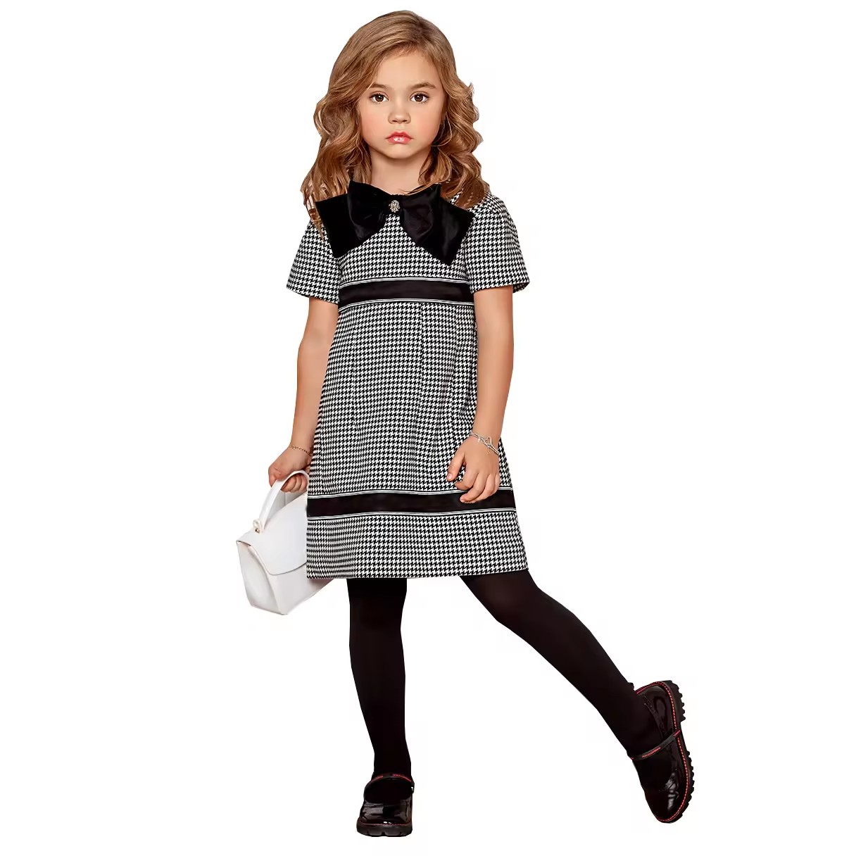 Customized Brand Classic Houndstooth Print Kid Beautiful Model Style Girl Dress Short Sleeve Girls Dresses Kids With Big Bow