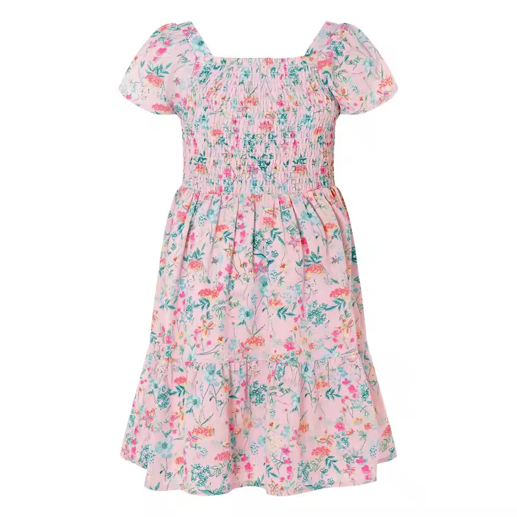 Stylish square Collar Floral Print Summer Dress Short Sleeve Smocking Stitch Fashion Kids Dresses for Girls With Wooden Buttons