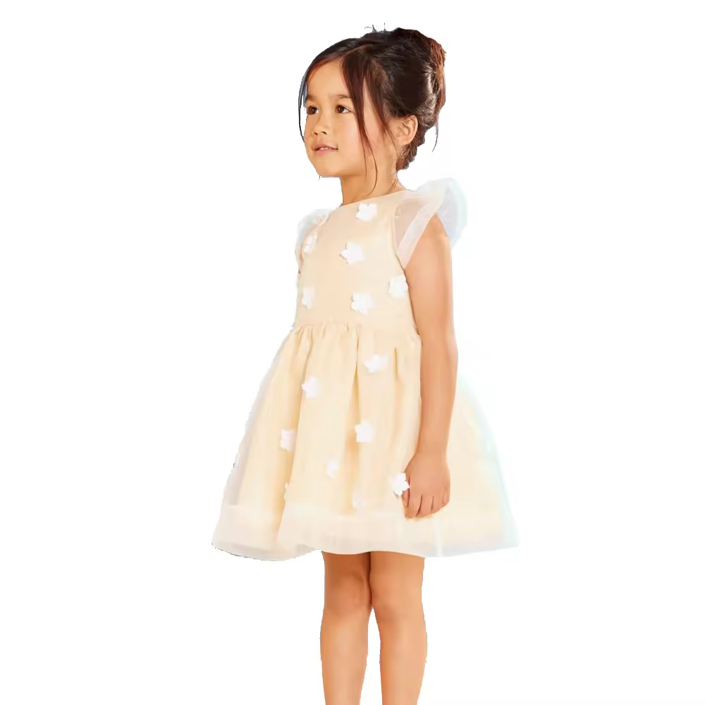 Lovely Girls Formal Ball Gown Flower Girl Dresses Chiffon Fabric with Bow and Flower Applique Summer Wedding Suitable