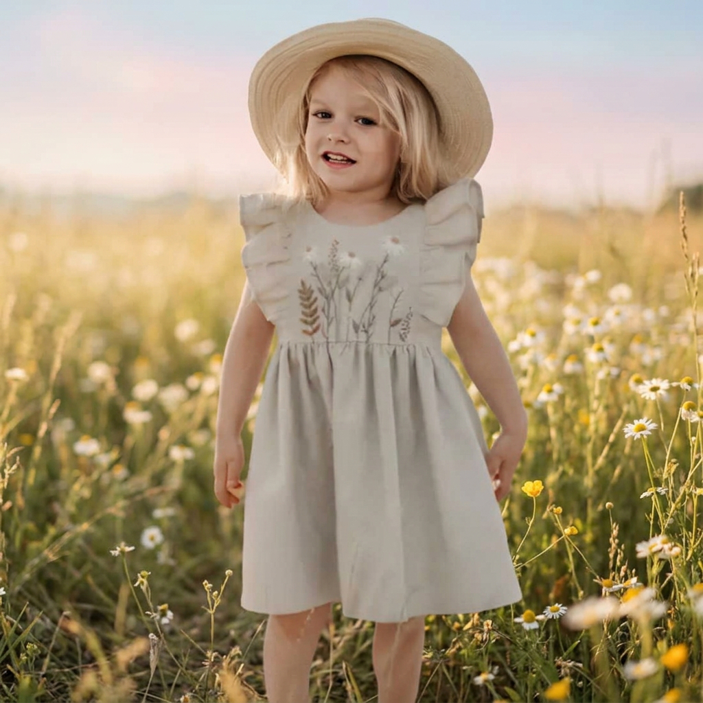 Private Label Nature Cotton Linen Kids Baby Baby Girls Dresses for Girls Summer Hand Embroidery Toddler Girls Dress